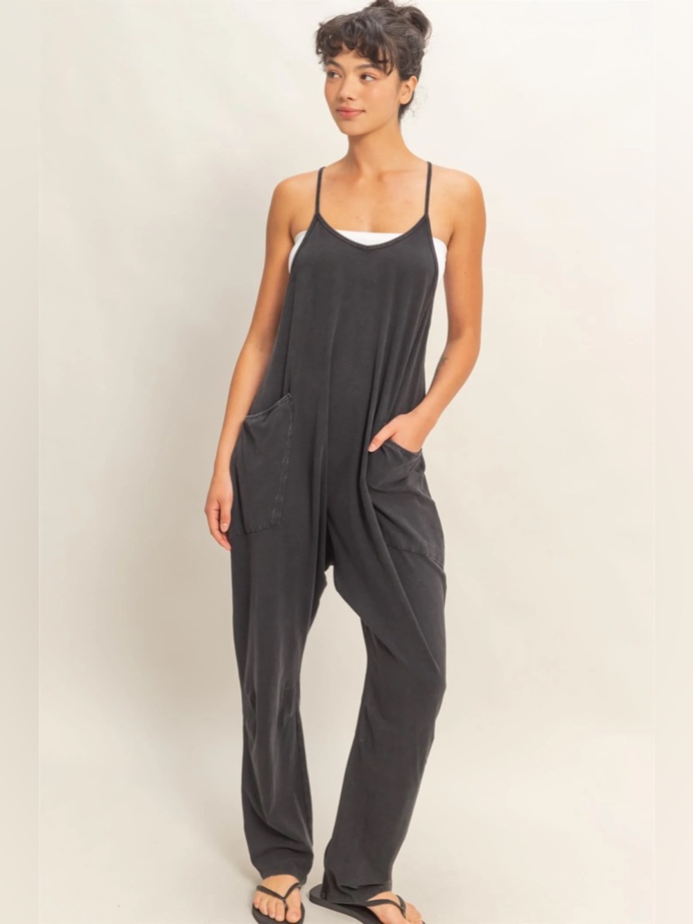NEW Double Zero Black Mineral Wash Spaghetti Strap Jumpsuit Size Medium